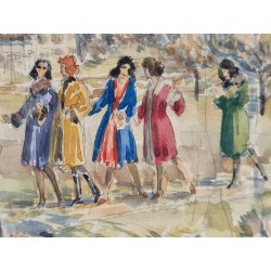 Aquarelle "Lavorante italiane. vanno a spaso."